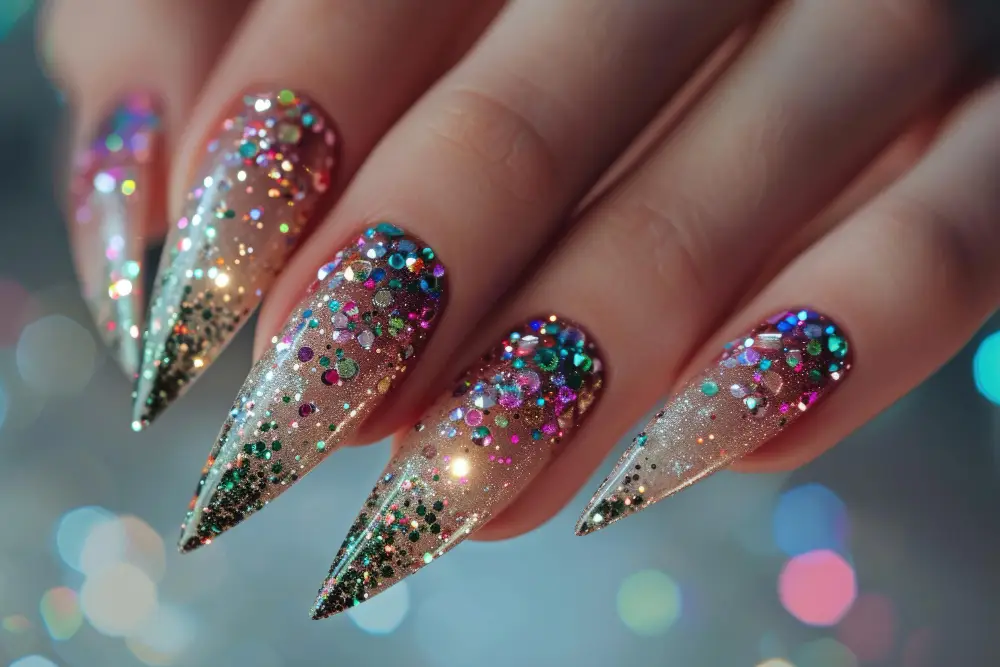 Multiple Color crystal nail art on a woman's nails