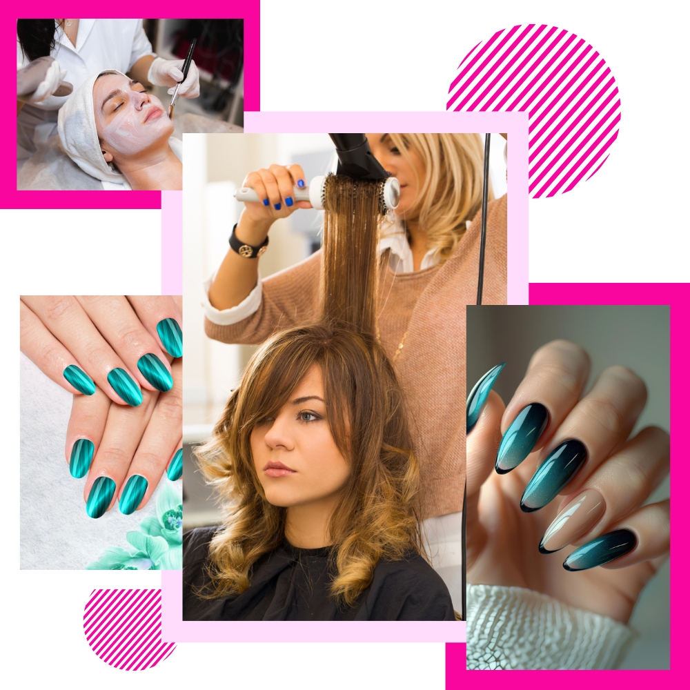 A woman styling another woman's hair and green color nail art on a woman