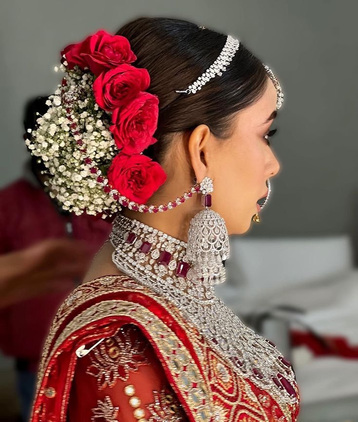 Rose Studded Bun Hairstyle for Bride